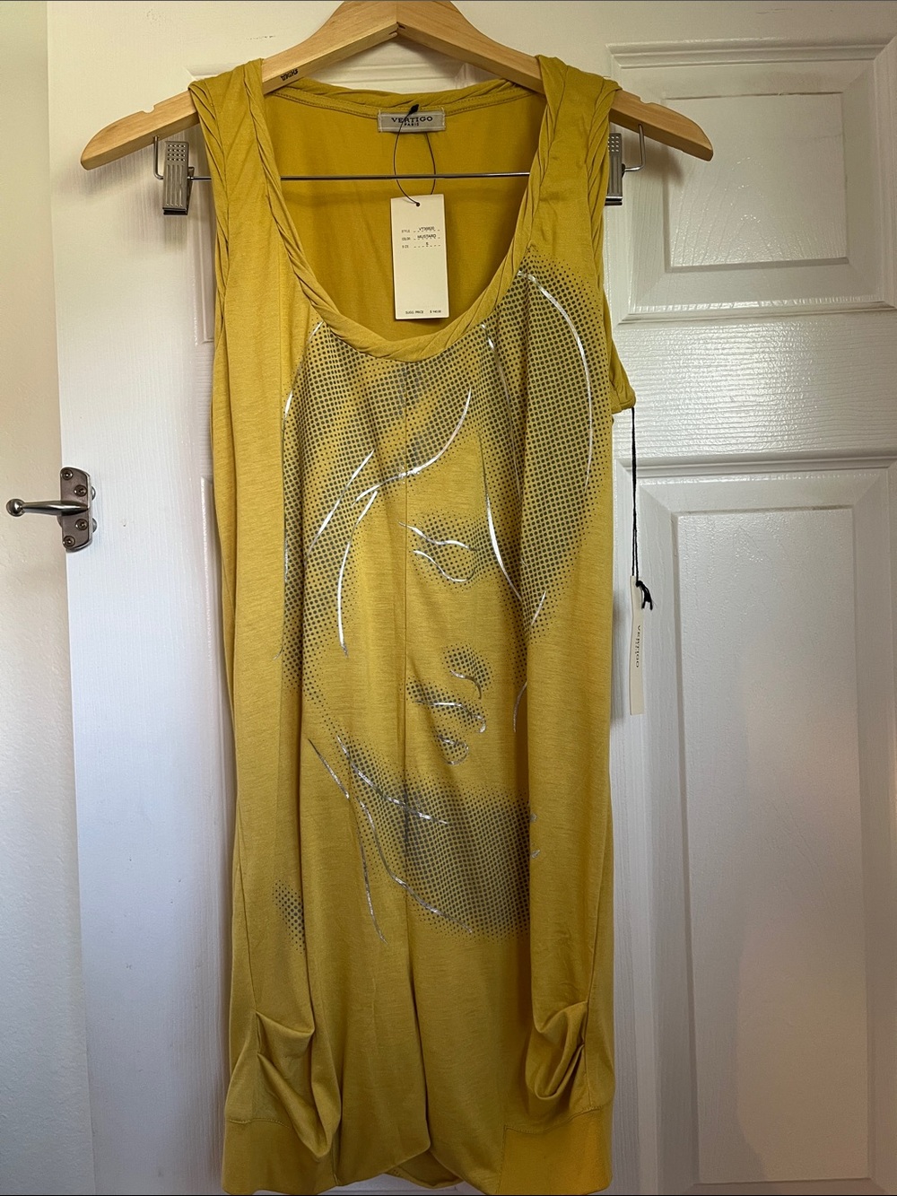 Vertigo Paris Mustard Yellow Sleeveless Mini Dress with Graphic Face Print
